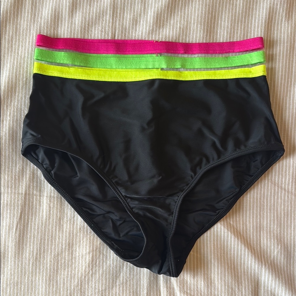 Black High-Waisted Bikini Bottom with Pink and Yellow Stripes